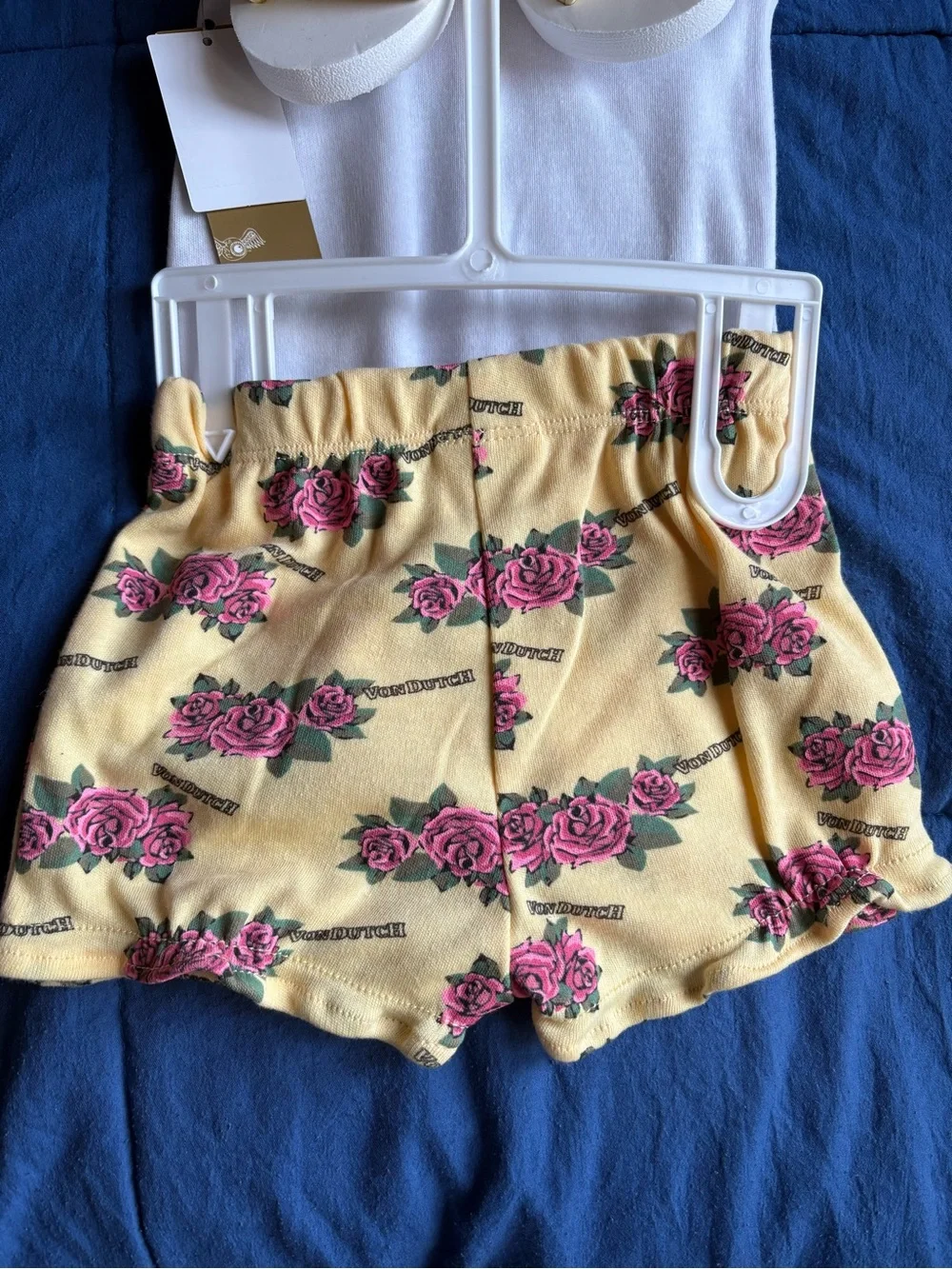 Von Dutch White Bodysuit with Pink Rose Graphic & Yellow Rose Print Shorts